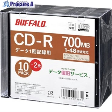 バッファロー 光学メディア CD-R PCデータ用 700MB 法人チャネル向け 10枚＋2枚 RO-CR07D-012CWZ  1パック  (株)バッファロー ▼382-2053