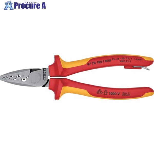 KNIPEX エンドスリーブ用絶縁圧着ペンチ 1000V絶縁 落下防止 9778-180TBK  1丁 ▼696-4290