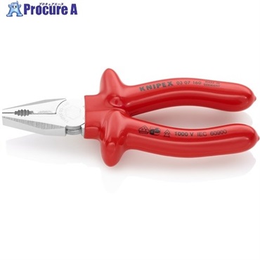 KNIPEX 【売切廃番】絶縁ペンチ 1000V絶縁 ディップコートハンドル 160mm 0307-160  1丁 ▼835-6467