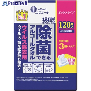 エリエール ウェットティッシュ 除菌できるアルコールタオル ウイルス除去用 ボックス つめかえ用 40枚×3P 21000151  1ケース ▼534-6116